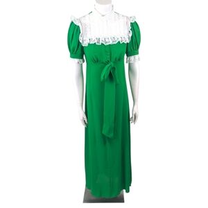 Vintage 70s Lace Peasant Maxi Dress Puff Sleeves Green White Womens Small Prarie